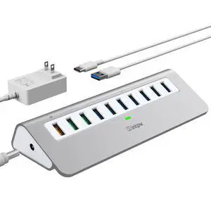 Powered USB Hub 10Gbps, 10 Port USB 3.2 Gen 2 Hub with 7 USB 3.2 Data Ports, 3 Fast Charging Ports, 36W Power Adapter, Type A and Type C Cable, Aluminum USB Hub for Laptop, Mac, PC Powered USB Hub 10Gbps, 10 Port USB 3.2 Gen 2 Hub with 7 USB 3.2 Data Ports, 3 Fast Charging Ports, 36W Power Adapter, Type A and Type C Cable, Aluminum USB Hub for Laptop, Mac, PC
