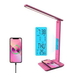 Desk Lamp, LED Desk Lamp with Wireless Charger, USB Charging Port, Table Lamp with Clock, Alarm, Date, Temperature, Office Lamp, Desk Lamps for Home Office, Pink Desk Lamp, LED Desk Lamp with Wireless Charger, USB Charging Port, Table Lamp with Clock, Alarm, Date, Temperature, Office Lamp, Desk Lamps for Home Office, Pink