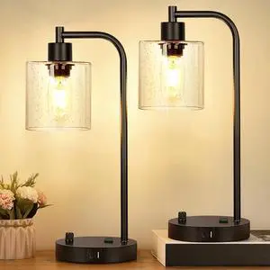 Set of 2 Industrial Table Lamps with USB C+A Ports and Outlet, Fully Stepless Dimmable Bedside Lamps for Bedrooms, Nightstand Lamp with Seed Glass Shade for Reading Living Room Office (Bulbs Included) Set of 2 Industrial Table Lamps with USB C+A Ports and Outlet, Fully Stepless Dimmable Bedside Lamps for Bedrooms, Nightstand Lamp with Seed Glass Shade for Reading Living Room Office (Bulbs Included)