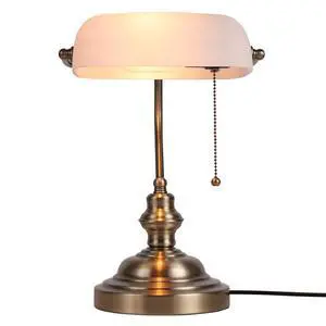 Glass Bankers Desk Lamp with Pull Chain Switch Plug in Fixture,Satin Brass Finish (White) Glass Bankers Desk Lamp with Pull Chain Switch Plug in Fixture,Satin Brass Finish (White)