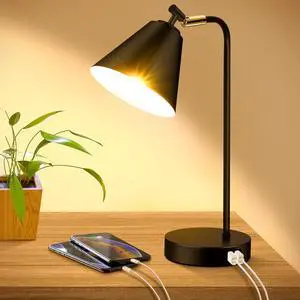 Industrial Dimmable Desk Lamp with 2 USB Charging Ports AC Outlet, Touch Control Bedside Nightstand Reading Lamp Flexible Head, Black Metal Table Lamp for Bedroom Office Living Room, Bulb Included Industrial Dimmable Desk Lamp with 2 USB Charging Ports AC Outlet, Touch Control Bedside Nightstand Reading Lamp Flexible Head, Black Metal Table Lamp for Bedroom Office Living Room, Bulb Included