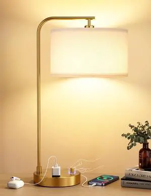 Gold Table Lamp with USB Port and Outlet, Dimmable Nightstand Bedside Lamps with Linen Lampshade, Desk Lamp for Bedroom, Living Room, Guest Room, Home Office, LED Bulb Included Gold Table Lamp with USB Port and Outlet, Dimmable Nightstand Bedside Lamps with Linen Lampshade, Desk Lamp for Bedroom, Living Room, Guest Room, Home Office, LED Bulb Included