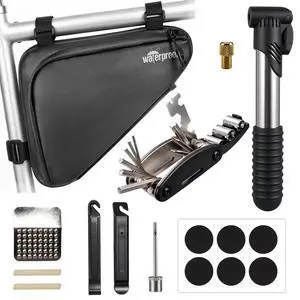 Bike Frame Bag with Repair Kit, Bicycle Tire Repair Tool Kit Set with Pump & 16-in-1 Multitool, Emergency Bike Pack Accessories for Road MTB BMX Bike Frame Bag with Repair Kit, Bicycle Tire Repair Tool Kit Set with Pump & 16-in-1 Multitool, Emergency Bike Pack Accessories for Road MTB BMX