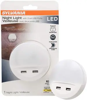 Sylvania LED Night Light with Dual USB Ports, 22 Year, Dusk to Dawn, Frosted Finish, 3000K, Warm White - (Pack of 1)(65005) Sylvania LED Night Light with Dual USB Ports, 22 Year, Dusk to Dawn, Frosted Finish, 3000K, Warm White - (Pack of 1)(65005)