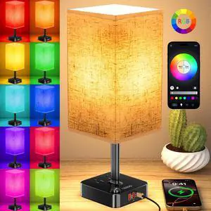 Bluetooth Smart RGB Bedside Table Lamp for Bedroom with 3 USB Charging Ports and 2 AC Outlets, Sync with Music Stepless Dimming Nightstand Light for Party/Home/Bedroom/Living Room, Flaxen Bluetooth Smart RGB Bedside Table Lamp for Bedroom with 3 USB Charging Ports and 2 AC Outlets, Sync with Music Stepless Dimming Nightstand Light for Party/Home/Bedroom/Living Room, Flaxen