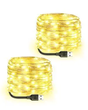 USB Powered Fairy Lights, 2 Pack 33Ft 100 LED, Flexible Silver Wire, Mini String Lights for Christmas Tree/Bedroom/Camping/Holiday Indoor Decoration, Warm White USB Powered Fairy Lights, 2 Pack 33Ft 100 LED, Flexible Silver Wire, Mini String Lights for Christmas Tree/Bedroom/Camping/Holiday Indoor Decoration, Warm White