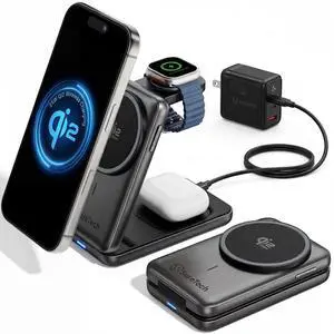 Qi2.2 Certified 3-in-1 Foldable Wireless Charging Station for Apple Devices with 65W Adapter, 25W Fast Charging Dock, Portable Magnetic Charger for iPhone 17-13, Apple Watch Series & AirPods Qi2.2 Certified 3-in-1 Foldable Wireless Charging Station for Apple Devices with 65W Adapter, 25W Fast Charging Dock, Portable Magnetic Charger for iPhone 17-13, Apple Watch Series & AirPods