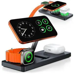 Foldable 3-in-1 Wireless Charging Station for Apple Magsafe Charger Stand, Travel-Friendly Fast Magnetic Wireless Charger Station for iPhone 17/16/15/14/13/12, Apple Watch & AirPods, Laptop Skins Foldable 3-in-1 Wireless Charging Station for Apple Magsafe Charger Stand, Travel-Friendly Fast Magnetic Wireless Charger Station for iPhone 17/16/15/14/13/12, Apple Watch & AirPods, Laptop Skins