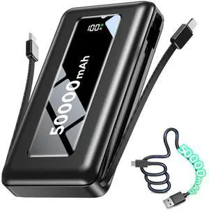 Portable Charger Power Bank 50000mAh, Ultra-High Capacity Battery Pack with Built-in Cables, 22.5W Fast Charging, LED Display, Flashlight, Travel Essential for Outdoor Camping, iPhone & Samsung, Onyx Portable Charger Power Bank 50000mAh, Ultra-High Capacity Battery Pack with Built-in Cables, 22.5W Fast Charging, LED Display, Flashlight, Travel Essential for Outdoor Camping, iPhone & Samsung, Onyx