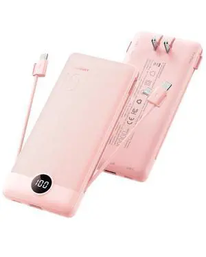 Portable Charger Built-in Cables and Wall Plug, 10000mAh Slim USB C Power Bank, LED Display External Battery Pack Compatible with iPhone/Android & More (Pink) Portable Charger Built-in Cables and Wall Plug, 10000mAh Slim USB C Power Bank, LED Display External Battery Pack Compatible with iPhone/Android & More (Pink)