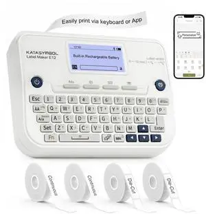 E12 Bluetooth Label Maker Machine with 4 Tapes, Support Keyboard & App with 30+ Fonts and 660+ Icons, Rechargeable Inkless Labeler for Office, Home, Kitchen, School, Organization, White E12 Bluetooth Label Maker Machine with 4 Tapes, Support Keyboard & App with 30+ Fonts and 660+ Icons, Rechargeable Inkless Labeler for Office, Home, Kitchen, School, Organization, White