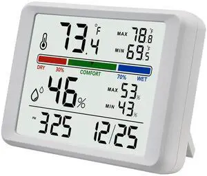 Digital Thermometer Hygrometer, Indoor Wall Thermometer with Backlight, Digital Alarm Clock, Date, Air Comfort Indicator, Max Min Record, Desktop Thermometer for Home, White Digital Thermometer Hygrometer, Indoor Wall Thermometer with Backlight, Digital Alarm Clock, Date, Air Comfort Indicator, Max Min Record, Desktop Thermometer for Home, White