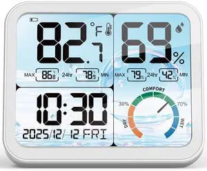 5.8" Large Display Indoor Thermometer Hygrometer - Backlight LCD with Comfort Indicator, Max/Min Records, Clock & Calendar, Dual Power (USB/Battery), Wall Mount or Tabletop 5.8" Large Display Indoor Thermometer Hygrometer - Backlight LCD with Comfort Indicator, Max/Min Records, Clock & Calendar, Dual Power (USB/Battery), Wall Mount or Tabletop