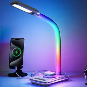 RGB Gaming Desk Lamp with Music Sync,Dimmable LED Lamp with Wireless Charging Station,USB Charging Port,Color Changing Touch Control Light for Gamer Room Decor,Reading,Office,Gift Ideas RGB Gaming Desk Lamp with Music Sync,Dimmable LED Lamp with Wireless Charging Station,USB Charging Port,Color Changing Touch Control Light for Gamer Room Decor,Reading,Office,Gift Ideas