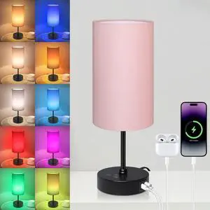 Table Lamp for Bedroom, 3 Color Temperatures, 7 RGB Colors, Adjustable Brightness, Dual USB Charging Ports, Ambience Nightstand Light with Pink Shade, Desk Lamp for Kids Reading Home Office Table Lamp for Bedroom, 3 Color Temperatures, 7 RGB Colors, Adjustable Brightness, Dual USB Charging Ports, Ambience Nightstand Light with Pink Shade, Desk Lamp for Kids Reading Home Office