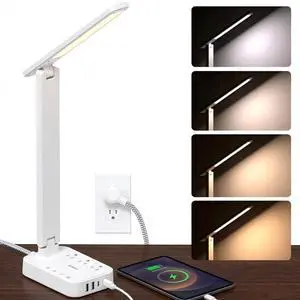 LED Desk Lamp, Power Strip with 3 Outlets 4 USB Charging Ports(2 USBC), 4 Modes 5 Level Brightness Touch Lamp, Small Desk Lamp for Home Office College Dorm Room Essentials, White LED Desk Lamp, Power Strip with 3 Outlets 4 USB Charging Ports(2 USBC), 4 Modes 5 Level Brightness Touch Lamp, Small Desk Lamp for Home Office College Dorm Room Essentials, White