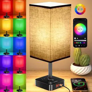 Bluetooth Smart RGB Bedside Table Lamp for Bedroom with 3 USB Charging Ports and 2 AC Outlets, Sync with Music Stepless Dimming Nightstand Light for Party/Home/Bedroom/Living Room, Black Bluetooth Smart RGB Bedside Table Lamp for Bedroom with 3 USB Charging Ports and 2 AC Outlets, Sync with Music Stepless Dimming Nightstand Light for Party/Home/Bedroom/Living Room, Black