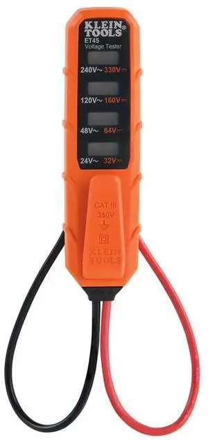 ET45 Digital AC/DC Voltage Tester, 12-240V AC, 32-330V DC, LED Illumination, DC Polarity, Auto Off, CATIII 350V-Class 2-Double Insulation, IP44 Dust & Water Resistant, No Batteries Needed ET45 Digital AC/DC Voltage Tester, 12-240V AC, 32-330V DC, LED Illumination, DC Polarity, Auto Off, CATIII 350V-Class 2-Double Insulation, IP44 Dust & Water Resistant, No Batteries Needed