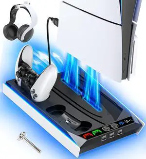 PS 5/Slim Stand for Disc & Digital Version, RGB Ambient Lighting PS5 Slim Cooling Station with Controller Charger, Built-in 3-Level Fan, 3 USB Ports (Not for PS5 Pro), Sega Genesis Consoles PS 5/Slim Stand for Disc & Digital Version, RGB Ambient Lighting PS5 Slim Cooling Station with Controller Charger, Built-in 3-Level Fan, 3 USB Ports (Not for PS5 Pro), Sega Genesis Consoles