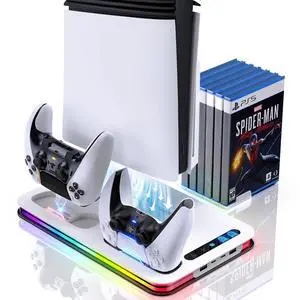 PS5 Cooling Station for PS5/Slim/Pro,PS5 Fan Cooling Fan with 8 RGB Light P5 Cooling Stand with 3 Level Fan Vertical Controller Charger Station with Dual Controller Chargers Dics Storage 4 HUB PS5 Cooling Station for PS5/Slim/Pro,PS5 Fan Cooling Fan with 8 RGB Light P5 Cooling Stand with 3 Level Fan Vertical Controller Charger Station with Dual Controller Chargers Dics Storage 4 HUB