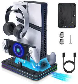 PS5 Charging Station with Cooling Fan and RGB Light, Dual Controllers and PS Portal Charger, All-in-One PlayStation 5 Stand for PS5 Slim, Disc, and Digital Editions PS5 Charging Station with Cooling Fan and RGB Light, Dual Controllers and PS Portal Charger, All-in-One PlayStation 5 Stand for PS5 Slim, Disc, and Digital Editions