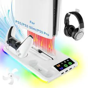 PS5/Slim Cooling Stand with Dual Controller Charging Station for PS5/Slim/Pro Disc & Digital ,Vertical Charging Station with RGB Ambient Lighting & Headset Hook,Adjustable air speed in 3 levels PS5/Slim Cooling Stand with Dual Controller Charging Station for PS5/Slim/Pro Disc & Digital ,Vertical Charging Station with RGB Ambient Lighting & Headset Hook,Adjustable air speed in 3 levels