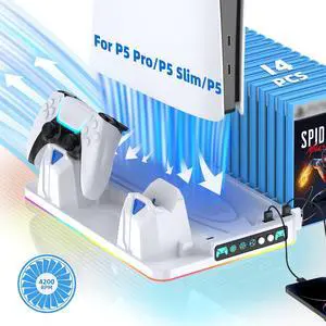PS5/Slim/Pro Cooling Stand for Disc&Digital with Dual Controller Charging, Multi-Function P5 Accessories 3-Level Cooling Fan, 9 Lighting Modes with Games Storage Slot, White PS5/Slim/Pro Cooling Stand for Disc&Digital with Dual Controller Charging, Multi-Function P5 Accessories 3-Level Cooling Fan, 9 Lighting Modes with Games Storage Slot, White