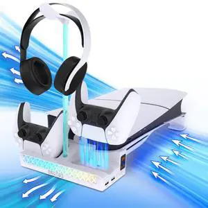 Horizontal Stand for PS5 Pro & PS5 Slim Console, Horizontal Cooling Stand with 2-Controller Fast Charging Dock, 3-Speed Quiet Cooling Fan with LED Light, Headphone Holder, Upgraded Base Holder Horizontal Stand for PS5 Pro & PS5 Slim Console, Horizontal Cooling Stand with 2-Controller Fast Charging Dock, 3-Speed Quiet Cooling Fan with LED Light, Headphone Holder, Upgraded Base Holder
