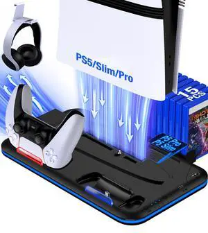 PS5/Slim/Pro Stand and Cooling Station with Controller Charging Station for PlayStation 5 Slim/Pro Console, PS5 Controller Charger, Cooling Stand, LED Light, Headset Holder for PS5 Accessories PS5/Slim/Pro Stand and Cooling Station with Controller Charging Station for PlayStation 5 Slim/Pro Console, PS5 Controller Charger, Cooling Stand, LED Light, Headset Holder for PS5 Accessories