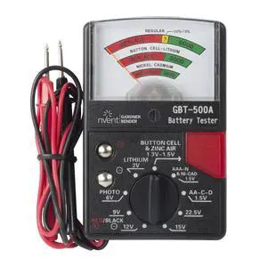 GBT-500A Analog 1.5 V Button Cell/22.5 Photo/AA/AAA/12 V/9 V/Lantern Cells & More, Leads Battery Tester,14 Battery Range, Black GBT-500A Analog 1.5 V Button Cell/22.5 Photo/AA/AAA/12 V/9 V/Lantern Cells & More, Leads Battery Tester,14 Battery Range, Black