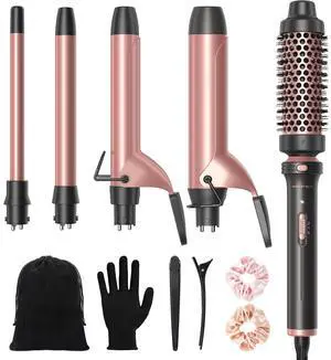 5 in 1 Curling Iron,Curling Iron Set with Heated Round Brush and 4 Interchangeable Ceramic Curling Wand(0.5-1.25"), Instant Heat Up,Dual Voltage Hair Curler 5 in 1 Curling Iron,Curling Iron Set with Heated Round Brush and 4 Interchangeable Ceramic Curling Wand(0.5-1.25"), Instant Heat Up,Dual Voltage Hair Curler