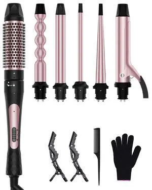 6 in 1 Curling Iron, Curling Wand Set with Thermal Brush (1.5inch) & 1inch Bubble Wand Curler and 3 Interchangeable Ceramic Barrel (0.35"-1.25"), Instant Heat Up with Comb & Protective Glove & 2 Clip 6 in 1 Curling Iron, Curling Wand Set with Thermal Brush (1.5inch) & 1inch Bubble Wand Curler and 3 Interchangeable Ceramic Barrel (0.35"-1.25"), Instant Heat Up with Comb & Protective Glove & 2 Clip