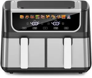 9.5 Quart Dual Basket Air Fryer, 10-in-1 Large Airfryer with Ceramic Crisper Plate, Sync Finish & Match Cook, Shake Reminder, Wide Temperature 80-450°F, Roast Bake Defrost Dehydrate, Black 9.5 Quart Dual Basket Air Fryer, 10-in-1 Large Airfryer with Ceramic Crisper Plate, Sync Finish & Match Cook, Shake Reminder, Wide Temperature 80-450°F, Roast Bake Defrost Dehydrate, Black