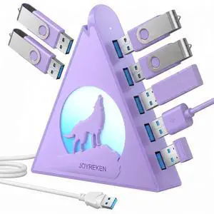 USB 3.0 Hub 7 Port, Vertical USB Splitter with RGB Lighting, 5Gbps High-Speed Data Transfer, 2FT Extension Cable, Tower USB Hub for PC, Laptop, MacBook, PS5, Xbox, Flash Drive, Printer (Light Purple) USB 3.0 Hub 7 Port, Vertical USB Splitter with RGB Lighting, 5Gbps High-Speed Data Transfer, 2FT Extension Cable, Tower USB Hub for PC, Laptop, MacBook, PS5, Xbox, Flash Drive, Printer (Light Purple)