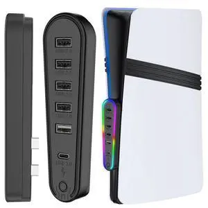 6 Ports USB Hub for PS5 Pro/PS5 Slim Data Transfer Extender Charger Port with 4 USB 2.0 + 1 Charging Port + 1 Type-C 3.0 Compatible with CD-ROM and Digital Versions 6 Ports USB Hub for PS5 Pro/PS5 Slim Data Transfer Extender Charger Port with 4 USB 2.0 + 1 Charging Port + 1 Type-C 3.0 Compatible with CD-ROM and Digital Versions