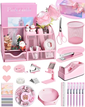 Pink Desk Accessories 23-Piece Office Supplies Gift Set for Women | Desk organizers and accessories with desk organizer, stapler, tape dispenser, pen holder, phone stand, scissors, pen & more Pink Desk Accessories 23-Piece Office Supplies Gift Set for Women | Desk organizers and accessories with desk organizer, stapler, tape dispenser, pen holder, phone stand, scissors, pen & more