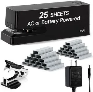 Electric Stapler, Automatic Staplers for Desk, 25-Sheet Capacity | with 2000 Staples & Staple Remover, No-Jam, AC or Battery Powered Staplers for Office Home School, Black Electric Stapler, Automatic Staplers for Desk, 25-Sheet Capacity | with 2000 Staples & Staple Remover, No-Jam, AC or Battery Powered Staplers for Office Home School, Black