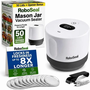 Roboseal Electric Mason Jar Vacuum Sealer Kit with 50 Lids, Jar Opener | Works on Small and Wide Mouth Jars, Rechargeable, One Touch Operation, Digital Battery Indicator, 25 Regular + 25 Large Lids Roboseal Electric Mason Jar Vacuum Sealer Kit with 50 Lids, Jar Opener | Works on Small and Wide Mouth Jars, Rechargeable, One Touch Operation, Digital Battery Indicator, 25 Regular + 25 Large Lids