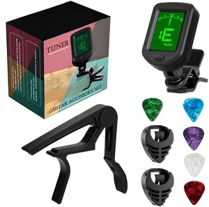 Guitar Clip-on Tuner and Capo Set with 5 Picks & 2 Holders | Complete guitar maintenance kit: 1 digital tuners, 1 quick change capo, 2 handy pick holders, and 5 colors picks for practice Guitar Clip-on Tuner and Capo Set with 5 Picks & 2 Holders | Complete guitar maintenance kit: 1 digital tuners, 1 quick change capo, 2 handy pick holders, and 5 colors picks for practice