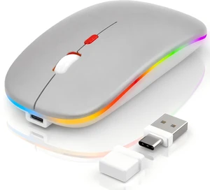 LED Bluetooth Wireless Mouse for MacBook Air iPad Pro PC Laptop, Slim Rechargeable RGB Computer Mice with Jiggler Mode, 3 Mode BT 5.2 & 2.4G USB-A/USB-C Connectivity Portable Mouse, Light Gray LED Bluetooth Wireless Mouse for MacBook Air iPad Pro PC Laptop, Slim Rechargeable RGB Computer Mice with Jiggler Mode, 3 Mode BT 5.2 & 2.4G USB-A/USB-C Connectivity Portable Mouse, Light Gray