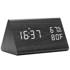Digital Alarm Clock with Triangular Wooden Design, Large Time Temperature & Humidity Display, Modern Desk Clock for Bedroom, Living Room, Office & Study Digital Alarm Clock with Triangular Wooden Design, Large Time Temperature & Humidity Display, Modern Desk Clock for Bedroom, Living Room, Office & Study