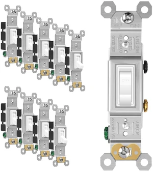 Toggle Light Switches, Single Pole Electrical Wall Switch Replacement, 15A 120/277V, Self-Grounding, in Wall On/Off Interrupter for Residential and Commercial, White, 10 Pack Toggle Light Switches, Single Pole Electrical Wall Switch Replacement, 15A 120/277V, Self-Grounding, in Wall On/Off Interrupter for Residential and Commercial, White, 10 Pack