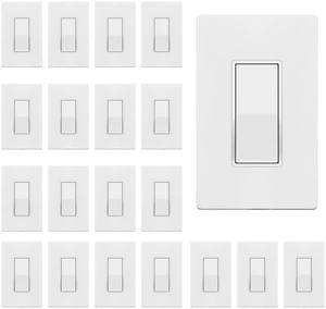 Matte White Single Pole Decorator Light Switch, 15A, 20 Pack | Paddle Rocker Switch with Matte Screwless Wallplate, 120V/277V, 3 Wire, Grounding Screw, Residential Grade, UL Listed Matte White Single Pole Decorator Light Switch, 15A, 20 Pack | Paddle Rocker Switch with Matte Screwless Wallplate, 120V/277V, 3 Wire, Grounding Screw, Residential Grade, UL Listed