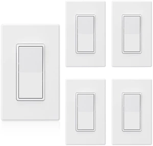 Matte White Single Pole Decors Light Switch with Plate 15Amp, 120-277V, Paddle Rocker Switch Replacement, On/Off Wall Switch, Self-Grounding, Residential Grade, w/Wall Plate, UL/CUL (5 Pack) Matte White Single Pole Decors Light Switch with Plate 15Amp, 120-277V, Paddle Rocker Switch Replacement, On/Off Wall Switch, Self-Grounding, Residential Grade, w/Wall Plate, UL/CUL (5 Pack)