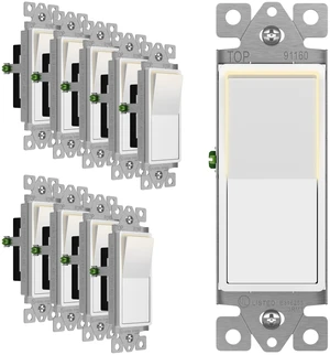White Illuminated Single Pole Decorator Paddle Light Switch, 15A | 120-277V, 10 pack, Push-in & Side Wiring, Copper Wire Only, Grounding Screw, Residential Grade, UL-Listed White Illuminated Single Pole Decorator Paddle Light Switch, 15A | 120-277V, 10 pack, Push-in & Side Wiring, Copper Wire Only, Grounding Screw, Residential Grade, UL-Listed