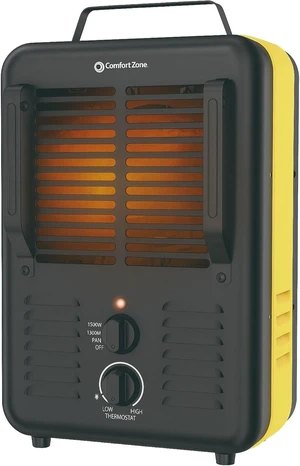 Milkhouse Utility Space Heater with Thermostat - Yellow/Black | 2 heat settings and a fan-only mode provide versatile comfort, managed by an adjustable thermostat with anti-freeze setting.