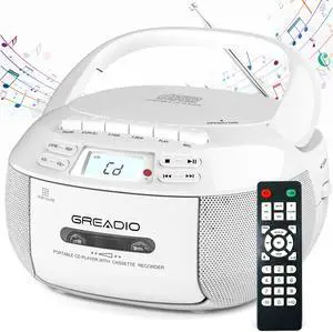 CD Player Boombox Cassette Player Combo with Bluetooth,AM/FM Radio,Stereo Sound with Remote Control,AUX/USB Drive,Tape Recording,AC/DC Powered,Headphone Jack,LCD Display for Home,Kids,Gift CD Player Boombox Cassette Player Combo with Bluetooth,AM/FM Radio,Stereo Sound with Remote Control,AUX/USB Drive,Tape Recording,AC/DC Powered,Headphone Jack,LCD Display for Home,Kids,Gift