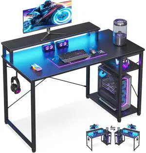 40 Inch Small Gaming Desk with Storage & Led Lights, Computer Desk with Shelf, Reversible Gamer Desk with Monitor Stand, Carbon Fiber Texture Black 40 Inch Small Gaming Desk with Storage & Led Lights, Computer Desk with Shelf, Reversible Gamer Desk with Monitor Stand, Carbon Fiber Texture Black
