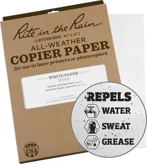 Rite in the Rain Weatherproof Copier Paper, 8.5" x 11", 20# White, 200 Sheet Pack (No. 8511X) Rite in the Rain Weatherproof Copier Paper, 8.5" x 11", 20# White, 200 Sheet Pack (No. 8511X)