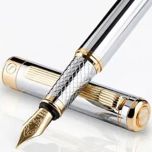 Scriveiner Silver Chrome Fountain Pen - Stunning Luxury Pen, Real Gold Finish, Schmidt Gilded Nib (Fine), Best Gift Set for Men & Women Professional Executive Office Fancy Nice Designer Pen Scriveiner Silver Chrome Fountain Pen - Stunning Luxury Pen, Real Gold Finish, Schmidt Gilded Nib (Fine), Best Gift Set for Men & Women Professional Executive Office Fancy Nice Designer Pen